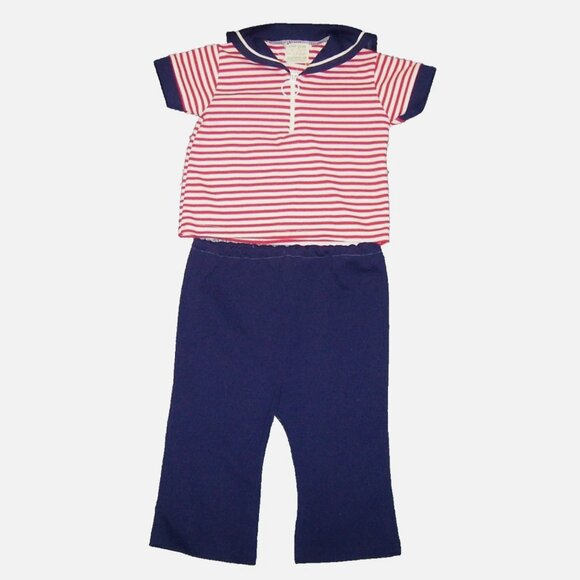 Vintage Soft Spun Japan 70s Kids Sailor Outfit Top Pants Set Red White Blue 3T - Picture 1 of 4